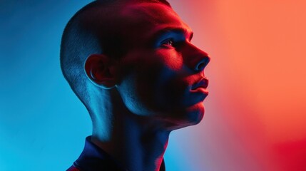 A man with a short haircut looking upward with a focused expression set against a vibrant gradient background of blue and red.
