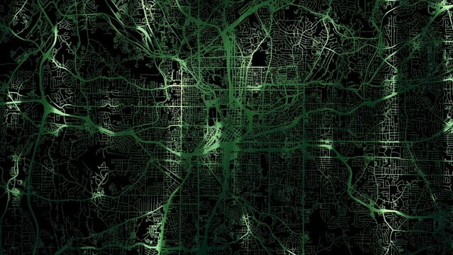 Zoom in road map of Atlanta Georgia with green glowing roads on a black background.