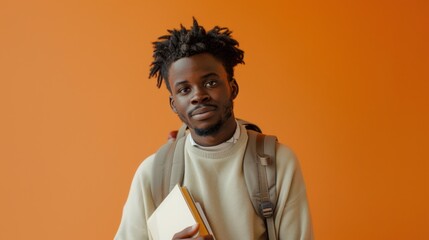 Fototapeta premium Young man with dreadlocks wearing a beige sweater and a backpack holding a notebook standing against an orange background.