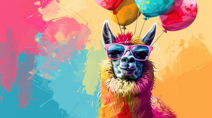 Colorful pop art style llama sporting cool sunglasses