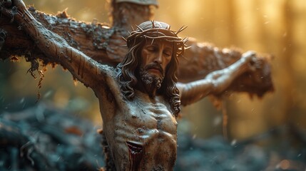 Jesus on a wooden cross, a powerful representation of Christian faith - Christian Illustration - obrazy, fototapety, plakaty