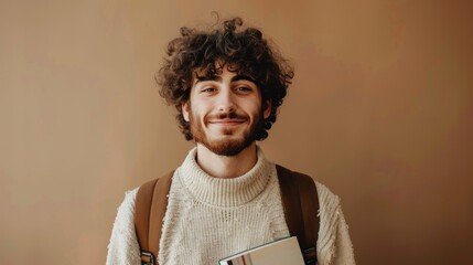 Smiling man with curly hair and beard wearing a white sweater and carrying a brown backpack standing against a beige wall. - 747926938
