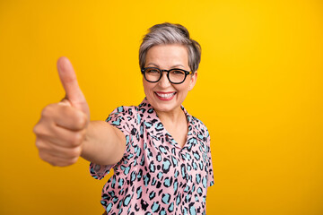 Photo portrait of lovely senior lady show excited thumb up wear trendy leopard print garment...