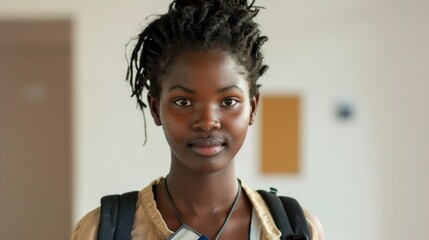 Young woman with dark skin wearing a necklace and a backpack standing in a room with a white wall and a wooden panel.