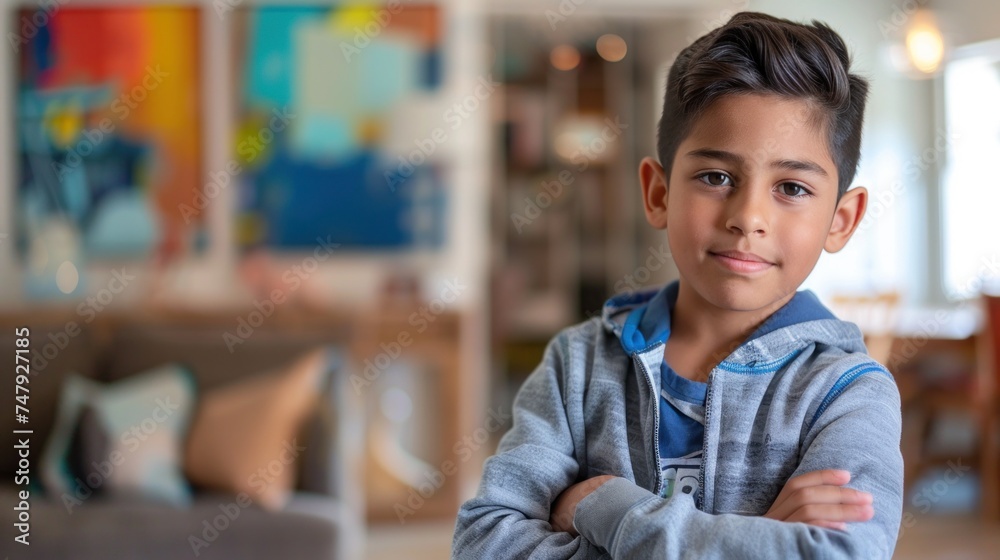 Poster Young boy with dark hair wearing a gray hoodie standing in a living room with paintings on the wall and a blurred background.