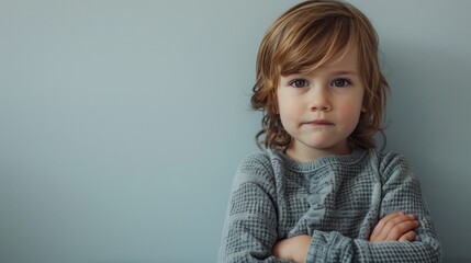 Young child with curly hair wearing a gray sweater standing against a light blue background with arms crossed looking directly at the camera. - 747927117