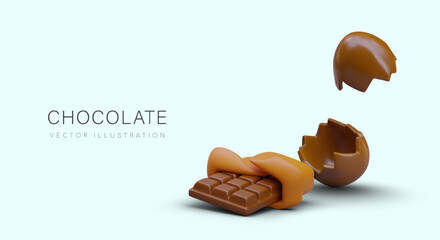 Vector banner with realistic chocolate bar and halves of broken chocolate egg