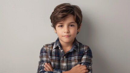 Young boy with brown hair wearing a plaid shirt standing against a gray wall with his arms crossed.