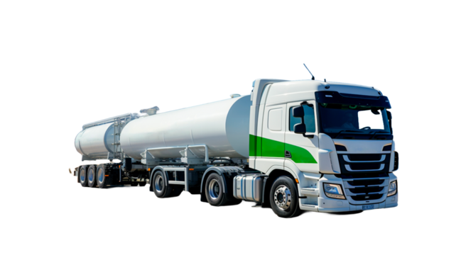 Truck with hydrogen fuel tank trailer isoalated on transparent or white background. Truck transporting gas or green hydrogen.