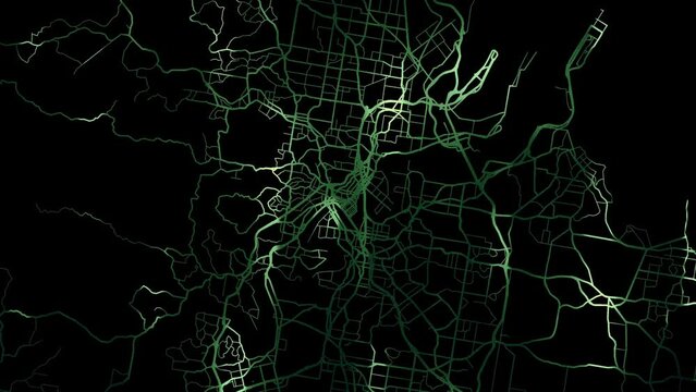 Zoom in road map of Brisbane Australia with green glowing roads on a black background.