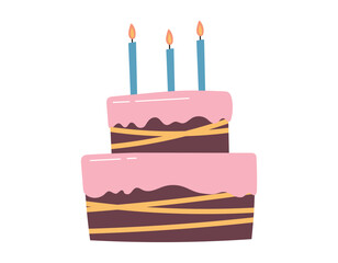 Festive vector isolated cartoon cake with candles and pink icing, flat style.