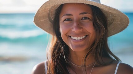 A woman with a radiant smile wearing a straw hat standing on a beach with the ocean in the background.