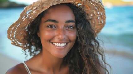 Smiling woman with curly hair and straw hat at beach.