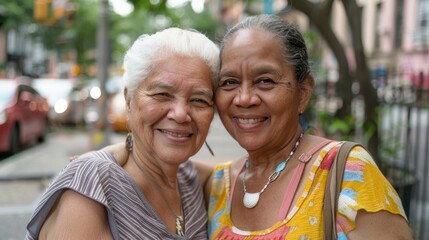 Two elderly women smiling and embracing each other on a city street.