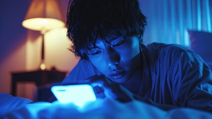 A person with dark hair lying in bed illuminated by the glow of a smartphone screen in a dimly lit room with a lamp in the background.