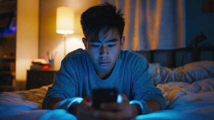 Young man in dimly lit room focused on glowing phone screen lying on bed with rumpled sheets under soft light of lamp.