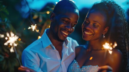 Obraz na płótnie Canvas A joyful couple sharing a moment of happiness illuminated by the sparkle of a lit sparkler set against a twilight backdrop.