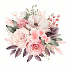 blush pink roses and flowers bouquet on white background