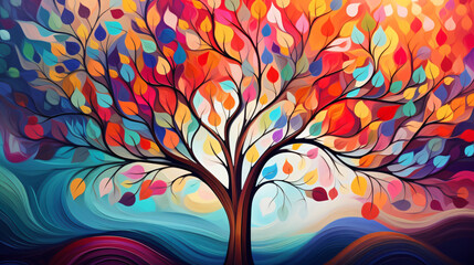 Elegant colorful tree with vibrant leaves hangin.