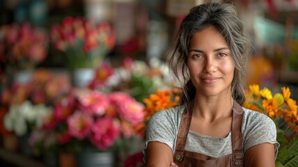 A woman with a warm smile wearing a brown apron stands amidst a vibrant floral display suggesting she may be a florist or in a flower shop.
