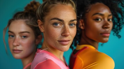 Three women with different skin tones and hair colors wearing athletic tops posing together with a confident and friendly demeanor against a blue background. - 747927783