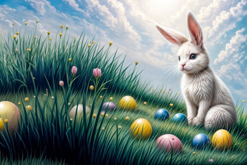 Buona Pasqua- Cartolina d'Auguri, Coniglietto nel prato e Uova Dipinte IV - obrazy, fototapety, plakaty