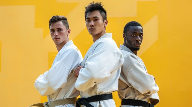 Three martial artists in white uniforms with black belts standing against a yellow background posing with confidence and focus.