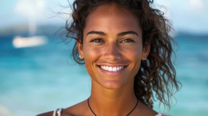 Deurstickers Smiling woman with curly hair wearing a necklace standing near the ocean with a sailboat in the background. © iuricazac