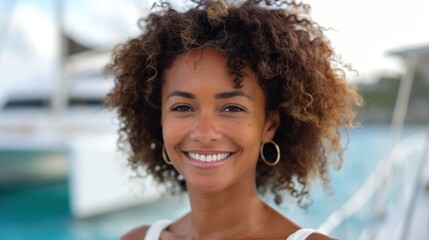 Smiling woman with curly hair wearing gold hoop earrings standing on a boat with a blue ocean background. - obrazy, fototapety, plakaty