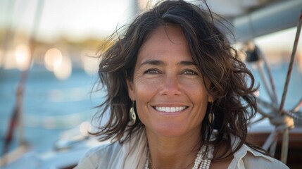 Smiling woman with brown hair wearing earrings and a white top on a boat with a blurred background of water and boats.