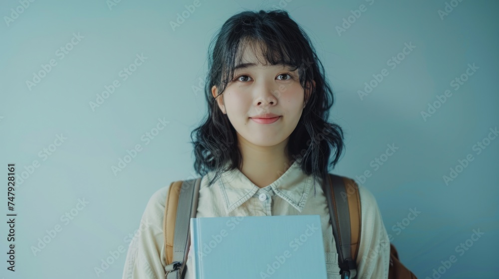 Sticker Young woman with shoulder-length hair smiling holding a blue book wearing a white blouse and a brown backpack standing against a light blue background.