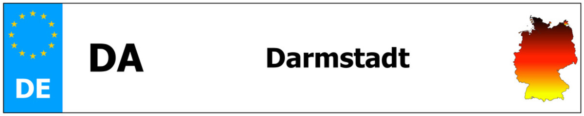 Darmstadt car licence plate sticker name and map of Germany. Vehicle registration plates frames German number