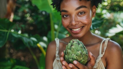 A woman with a radiant smile holding a fresh artichoke surrounded by lush greenery.