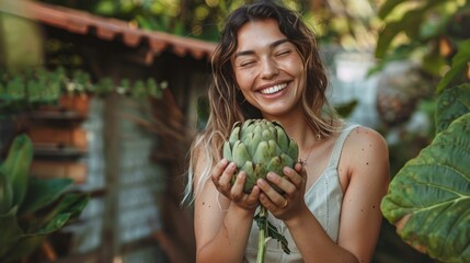 A joyful woman with long hair smiling broadly holding a large fresh artichoke in her hands surrounded by lush greenery.