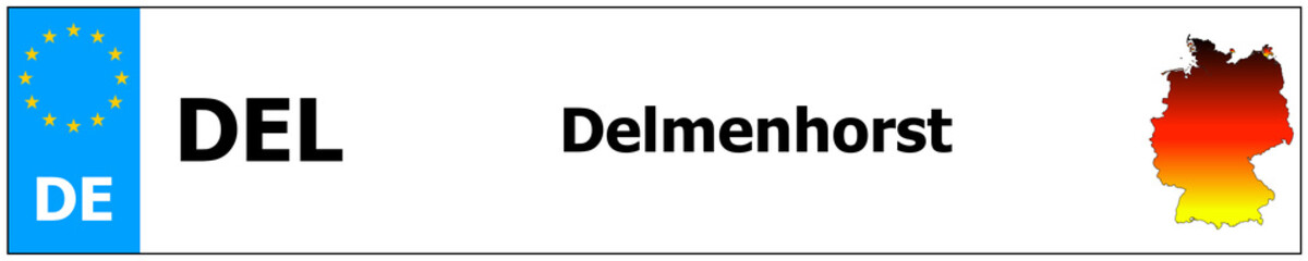 Delmenhorst car licence plate sticker name and map of Germany. Vehicle registration plates frames German number