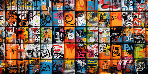A burst of vibrant graffiti art decorates an urban wall, showcasing the colorful expression of street art.