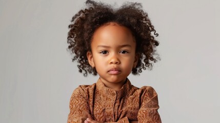 A young child with curly hair wearing a patterned shirt standing against a neutral background looking directly at the camera with a serious expression.
