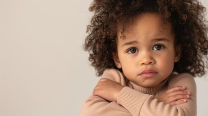 Naklejka premium A young child with curly hair wearing a beige sweater looking contemplative with arms crossed.