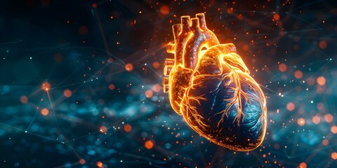 A digital network connects to a glowing human heart on blue background. Concept Technology, Heart, Connection, Network, Health