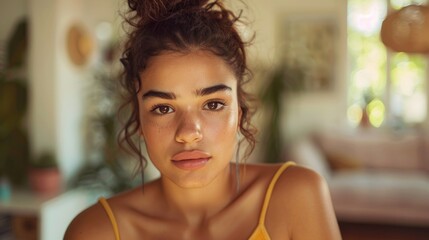 A young woman with a gentle gaze wearing a yellow top her hair styled in a messy bun set against a blurred indoor background with natural light. - 747928789