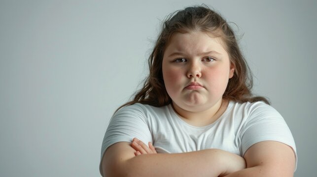 The image shows a young girl with a frowning expression her arms crossed in front of her. She has long brown hair and is wearing a white t-shirt. The background is a plain light grey color.