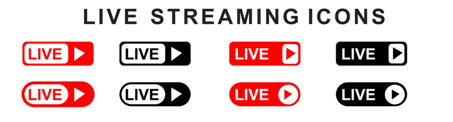 Live streaming icon set. Set of live stream icons. Set of video broadcasting icon.. Button, red symbols for TV, news, movies, shows. Online stream icons