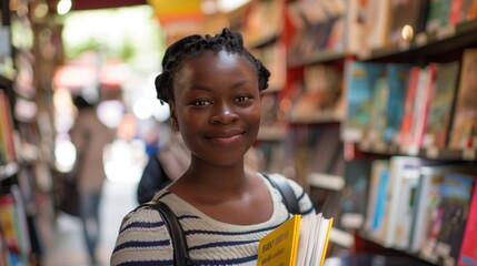 Young woman with a warm smile standing in a bookstore aisle holding a book surrounded by bookshelves filled with a variety of books.