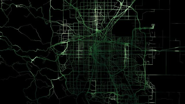 Zoom in road map of Denver Colorado  with green glowing roads on a black background.