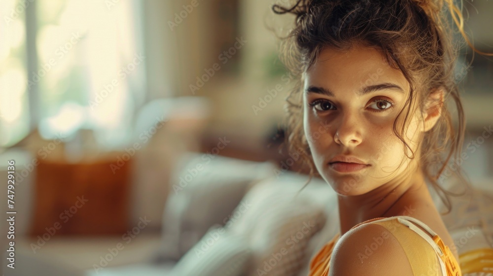 Wall mural A young woman with curly hair wearing a sleeveless top looking off to the side with a thoughtful expression set against a blurred indoor background with natural light. - Wall murals