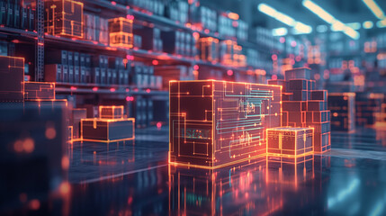 Futuristic Technology Retail Warehouse ,Digitalization and Visualization of Industry Process that Analyzes Goods, Cardboard Boxes, Products Delivery Infographics in Logistics. Distribution Center.