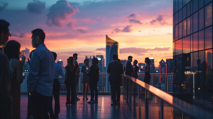 Elegant evening networking event on rooftop terr.