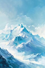 Obraz premium Simple gouache style mountain landscape, white and blue sky Generative Ai 