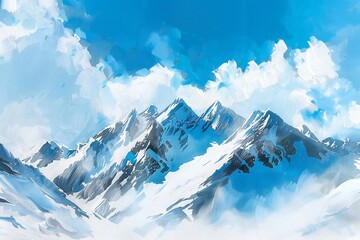 Obraz premium Simple gouache style mountain landscape, white and blue sky Generative Ai 