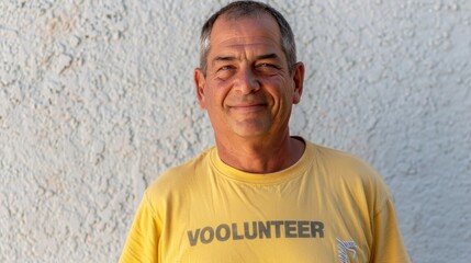 Naklejka na ściany i meble A man with a smile wearing a yellow shirt with the word 'VOLUNTEER